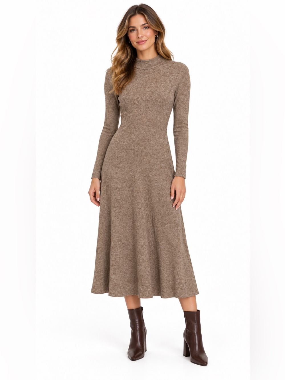 Lulu's Ribbed Knit Long-Sleeve Midi Dress in Taupe